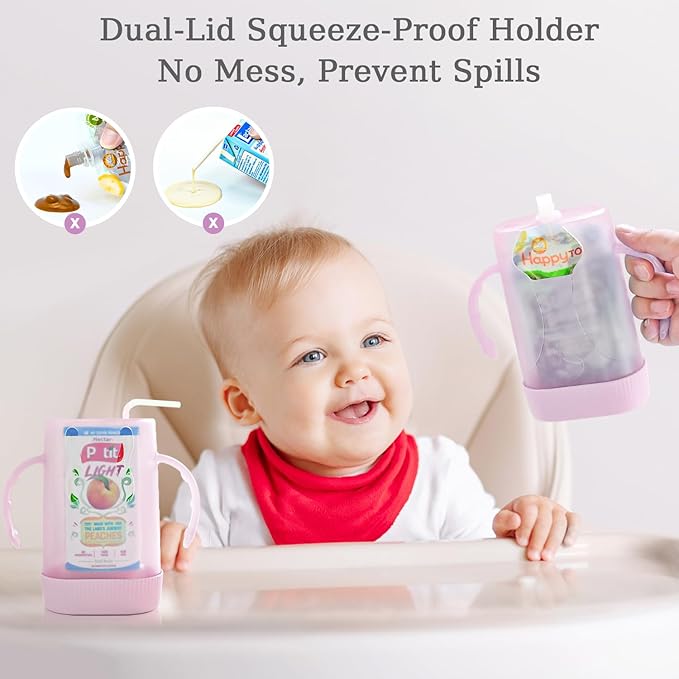 MOMUSE Dual-Lid Squeeze Pouch Holder for Food Pouches & Drink Boxes, Baby Pouch Holder with Larger Capacity, Versatile Design for Self-Feeding, Anti-Squeeze Pouch Holder No Spill No Mess, 2PC Pink