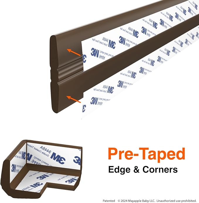 Roving Cove PreFit (Classic) Furniture Edge Corner Protector (Standard 15ft Edge 4 Corners), Baby Proofing Bumper Guards, Coffee Brown, Pre-Taped, for Straight Smooth Surfaces