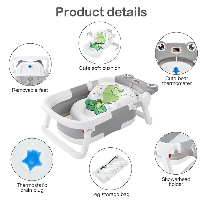 Foldable Baby Bathtub with Cushion & Water Thermometer and Drain Hole, Portable Durable Foldable Baby Bath Tub for Newborn Infants 0-36 Months (Grey)