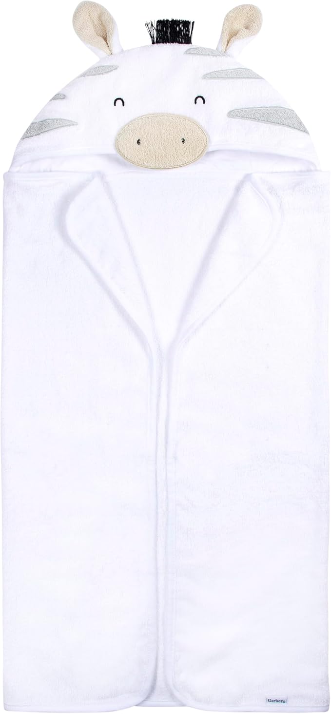 Gerber Baby 4 Piece Animal Character Hooded Towel and Washcloth Set, Grey Zebra, One Size