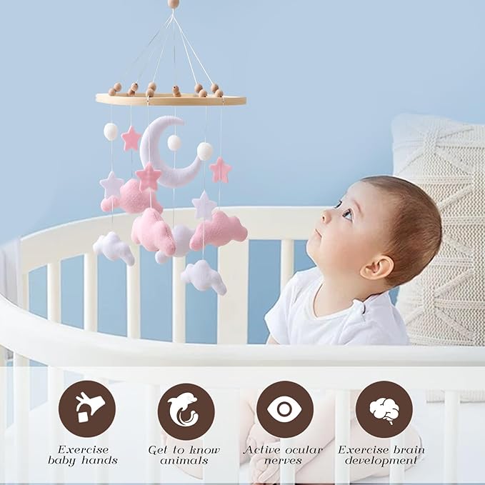 GOODMOM Sky Baby Mobile Dreamy Mobile for Baby Crib Handmade Felt Clouds and Moon Nursery Decor Gender-Neutral Crib and Ceiling Mobile in Twilight Theme for Newborns