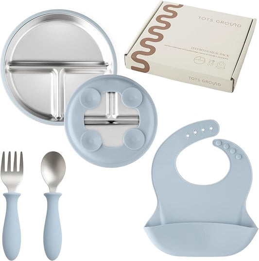 Stainless Steel Toddler Feeding Set 4 Pieces – Suction Plate, Silicone Bib, Spoon & Fork – Divided Plates for Baby Led Weaning, BPA-Free, Removable Shell (Baby Blue)