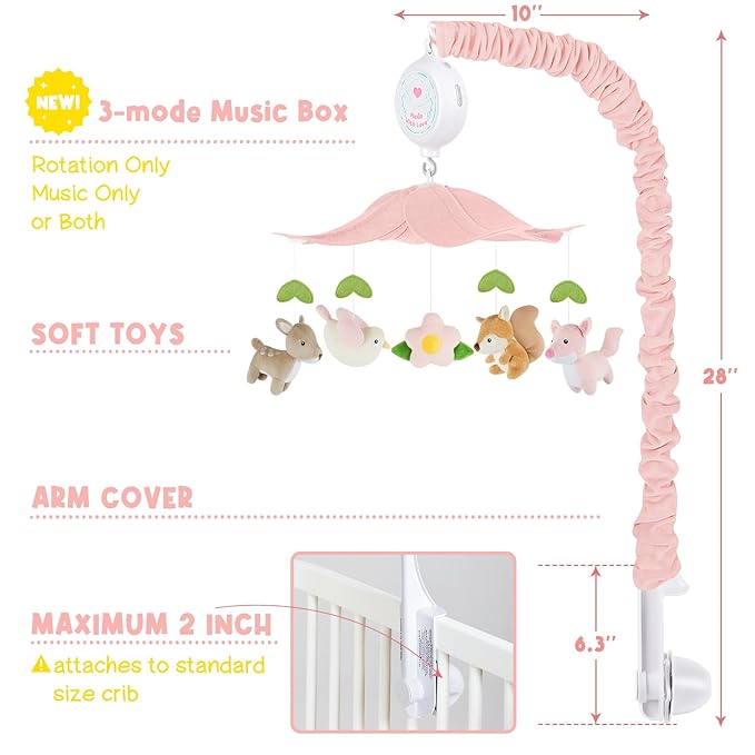 Woodland Crib Mobile for Girls – Cute Animals Baby Mobile for Crib with Upgraded 3-Mode Music Box, Pink Nursery Mobiles, Fits Standard Cribs, Forest Nursery Decor