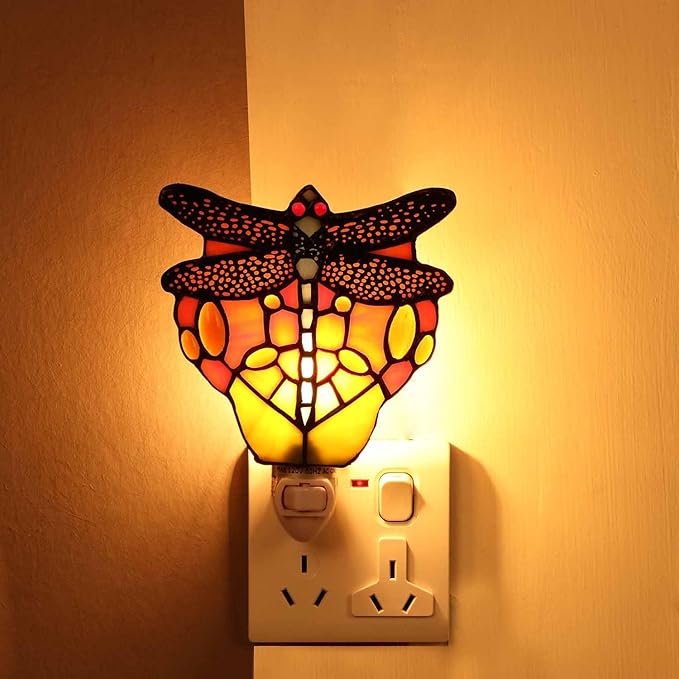 Bieye L11401 Tiffany Style Stained Glass Dragonfly Wall Lamp with Plug-in Night Light Socket for Home Decor