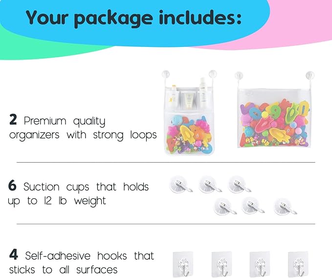 2 x Mesh Bath Toy Organizer + 8 Ultra Strong Hooks – The Perfect Bathtub Toy Holder & Bathroom or Shower Caddy – These Multi-use Net Bags Make Baby Bath Toy Storage Easy – For Kids & Toddlers