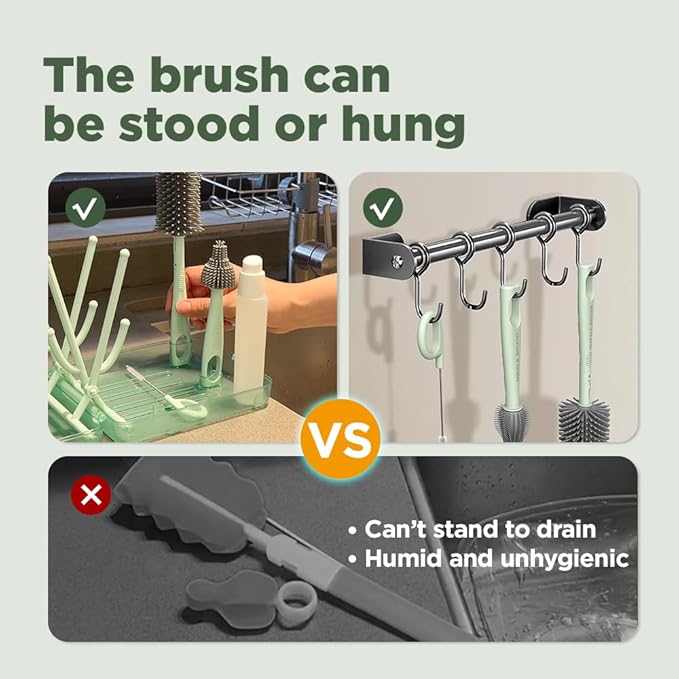 Travel Bottle Brush, Travel Bottle Cleaner Kit with Bottle Drying Rack, Transparent Green