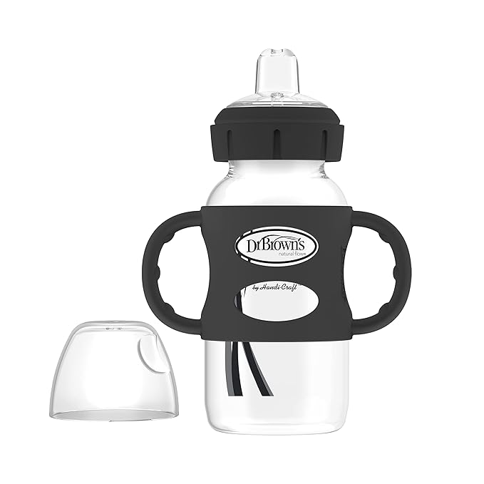 Dr. Brown's Milestones Wide-Neck Sippy Spout Bottle with 100% Silicone Handles, Easy-Grip Handles with Soft Sippy Spout, 9oz/270mL, Black & Ecru, 2-Pack, 6m+