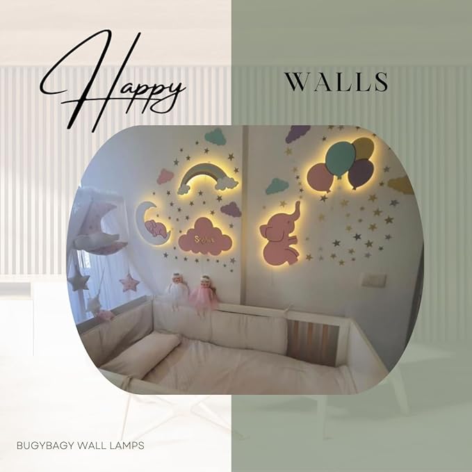 BugyBagy Nursery Wall Lamp Set – 3 Hand Painted Night Lights for Baby Room (Hot Air Balloon, Cloud, Elephant on Moon) + Bonus Wall Stickers – Soft Linen Colors Pink or Blue (Beige Theme 2)