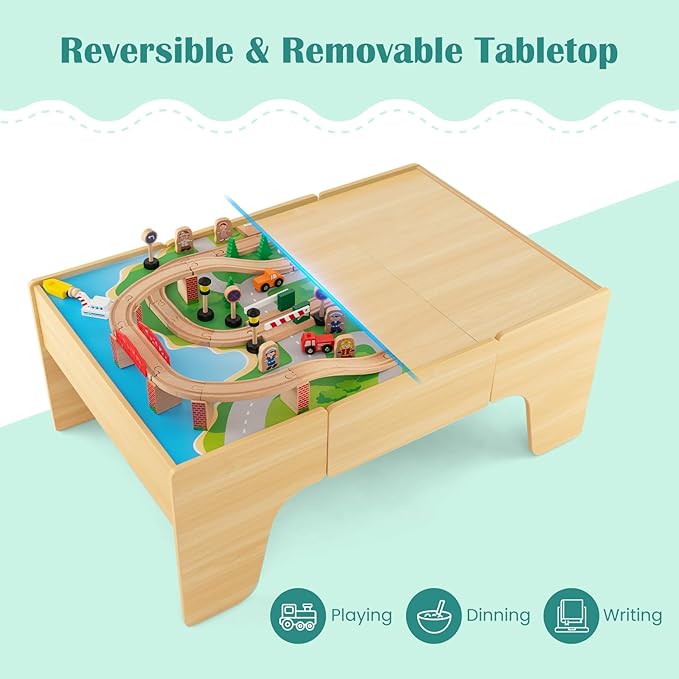 GLACER 84-Piece Train Table, Large Multipurpose Wooden Toy Activity Table Playset with Reversible Detachable Tabletop, Railway Tracks, Trains, Cars, DIY Design, Gift for Boys Girls Ages 3+