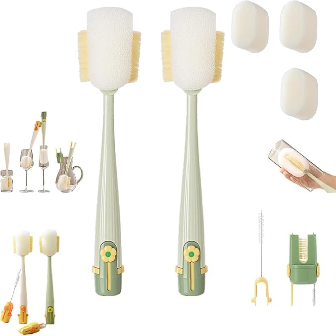 5 in 1 Bottle Cleaning Brush Set, 5‑in‑1 Multifunctional Bottle Cleaning Brush Set, Straw Cleaner Brush for Baby Bottles, Multifunctional Detachable Water Bottle Brush (2PCS Green)