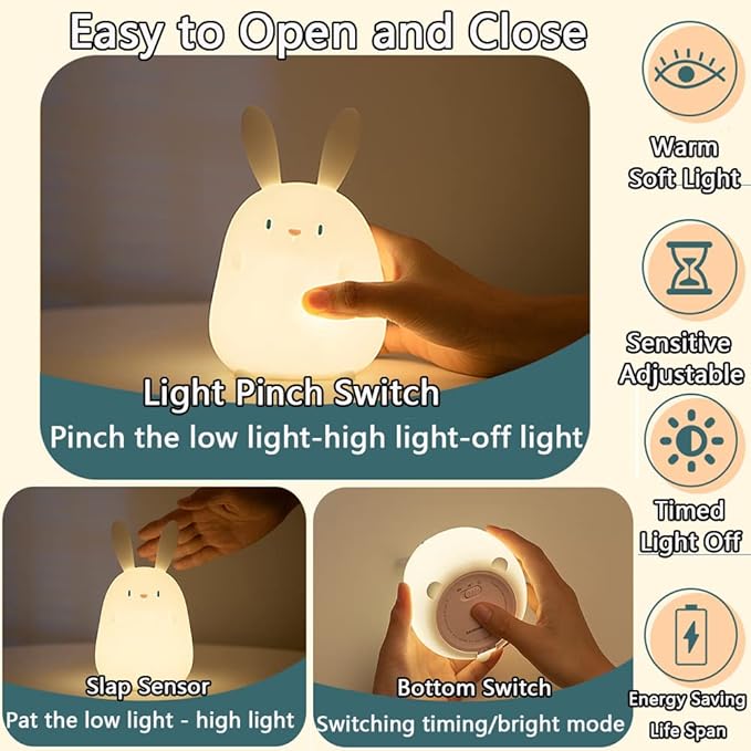 LED Cute Rabbit Night Light, Cute Silicone Bunny Lamp and Animal NightLight,LED Squishy Animal Light for Sleep,Kawaii Bedside Lamp Room,Rechargeable Bedside Touch Silicone Lamp (Rabbit)