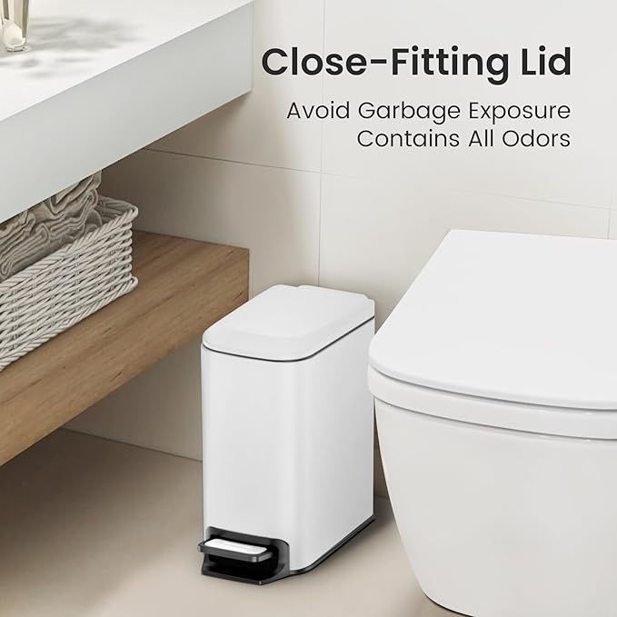 Cesun Small Bathroom Trash Can with Lid Soft Close, Step Pedal, 6 Liter / 1.6 Gallon Stainless Steel Slim Garbage Can for Bedroom, Diaper Waste Basket with Removable Inner Bucket (White)