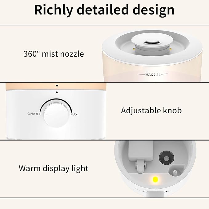 Humidifiers for Bedroom, Cool Mist Top Fill Diffuser with 25Watt for Home Large Room, 360° Nozzle, Rapid Ultrasonic Humidification for Baby Nursery and Plant(3.1L)