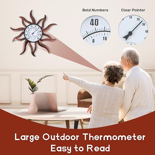 26'' Large Outdoor Thermometer, Premium Metal Sun Wall Thermometer Hygrometer No Need Battery, Decorative Indoor Outdoor Thermometer for Patio, Backyard, Garden, Living Room (Retro)