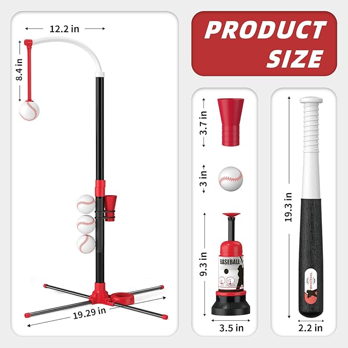 3-in-1 T Ball Set - Adjustable Height, Hanging Tee Ball Set with Automatic Pitching Machine/6 Balls/Retractable Bat, TBall Stand Suit for Outdoor, Sport Toys Gifts for Kids Boys Age 3+