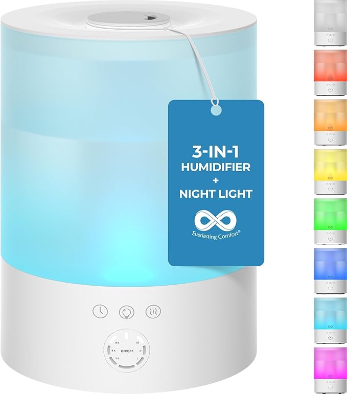 Everlasting Comfort 2.5L Top Fill Humidifiers for Bedroom - Quiet Easy to Fill & Clean, 24HR Runtime, Night Lights, Timer, Ultrasonic Cool Mist Humidifier, Auto Shut-Off, Essential Oil Diffuser