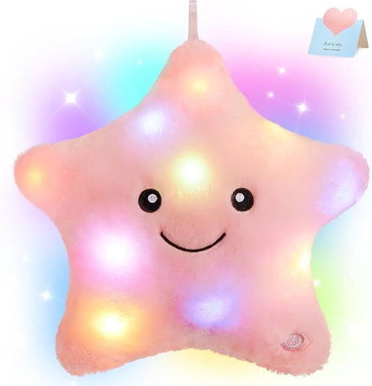 WEWILL 9'' LED Twinkle Star Soft Plush Pillow Toys Glowing Stuffed Star Light up Pillow Plush with Colorful Night Lights Birthday for Toddler Kids(Pink)