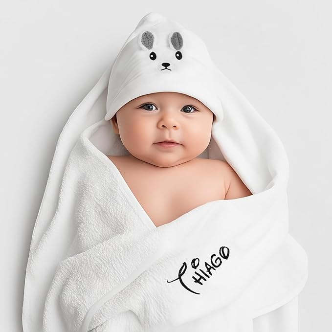 Personalized Baby Towels for Newborn Custom Embroidery Name Hooded Baby Bath Towels for Boy Girl Newborn Essentials Must Haves Shower Gift Soft Coral Velvet 30"x30" (White)