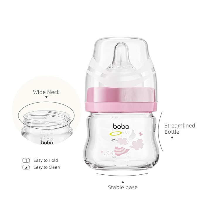 YOHKOH Glass Baby Bottles with Slow Flow Nipple, Newborn Anti-Colic Baby Bottles for 0+ Months, Wide Neck Feeding Bottle, Clear (Multicolour, 2.7oz (Pack of 2))