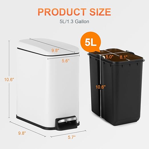 PayLessHere 1.3 Gallon Trash Can Kitchen Trash Can Stainless Steel Trash Can Garbage Can with Removable Plastic Inner Bucket Lid Foot Pedal for Home Kitchen Bedroom Bathroom Kitchen Waste Bin