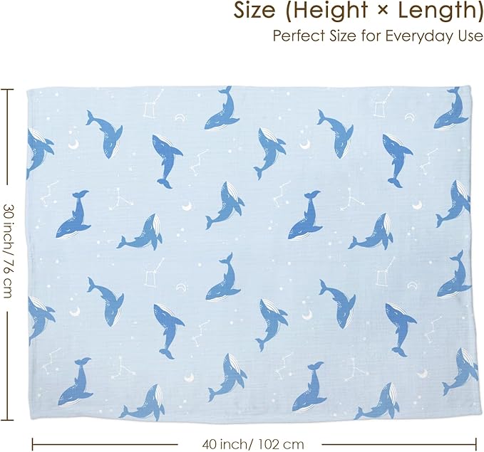 Whale Baby Blankets for Boys Girls, Soft Nursery Minky Blankets with Muslin and Dotted Fleece Back 30x40 inches, Receiving Bed Quilt for Newborn, Infants, Toddlers