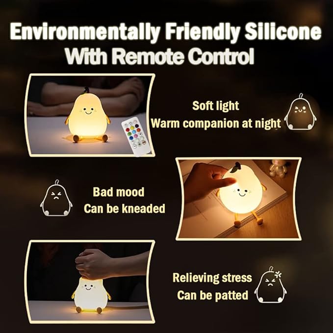 LED Cute Pear Night Light, Silicone Fruit Pear Lamp with Remote, Squishy Kawaii Bedside Cute Lamp, Adjustable Brightness NightLight for Bedroom, Rechargeable Soft Glow NightLight for Room Decoration