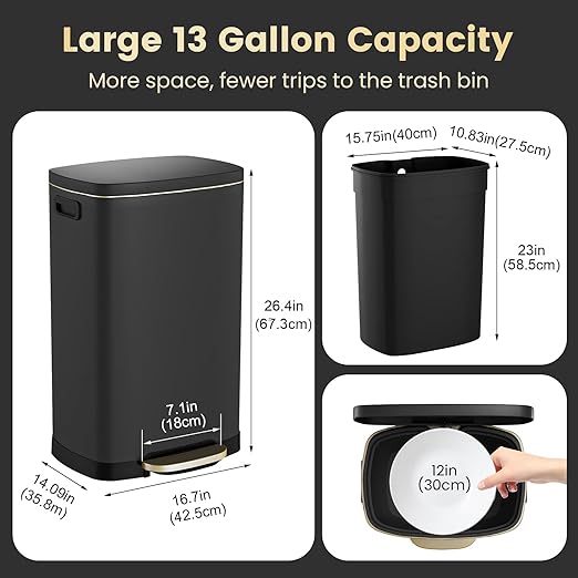 ELPHECO Kitchen Trash Can with Lid Soft Close, 13 Gallon / 50L Stainless Steel Pedal Garbage Can, Heavy-Duty Fingerprint Proof Step Wastebasket with 20 Bags, Removable Bucket, Home Office, Matte Black