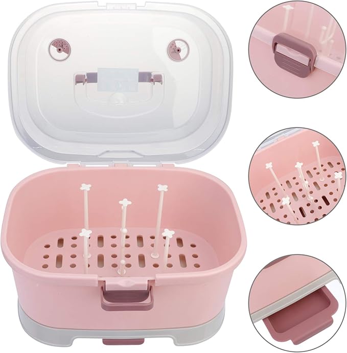 NUOBESTY Portable Baby Bottle Storage Organizer with Cover, Pink Milk Bottle Drying Rack Box for Home and Travel Use, 13.77 X 9.84 X 9.84 Inches