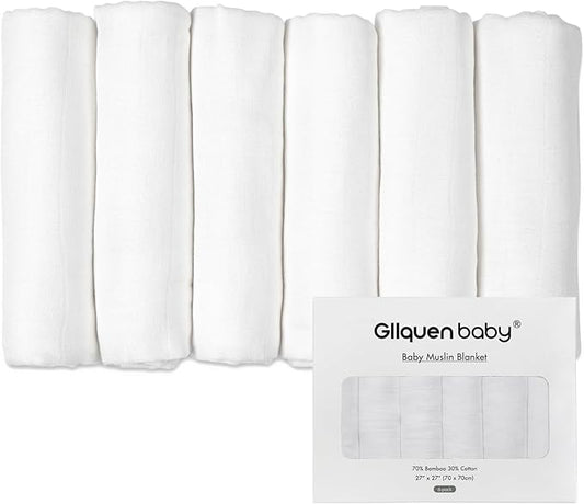 GLLQUEN BABY Receiving Blanket Boy Cotton Muslin Swaddle Blankets Girl Newborn Squares Breathable & Soft Thin Baby Blankets Cloths Double Absorbent Infant Swaddling Wrap - 6 Pack (White)