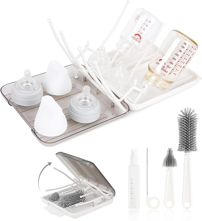 Baby Bottle Brush Set, 6-in-1 Travel Bottle Cleaning Kit with Silicone Bottle Brush, Nipple & Straw Brush, Soap Dispenser, Drying Rack, Storage Box – Compact Travel Baby Essential for Home & On-The-Go