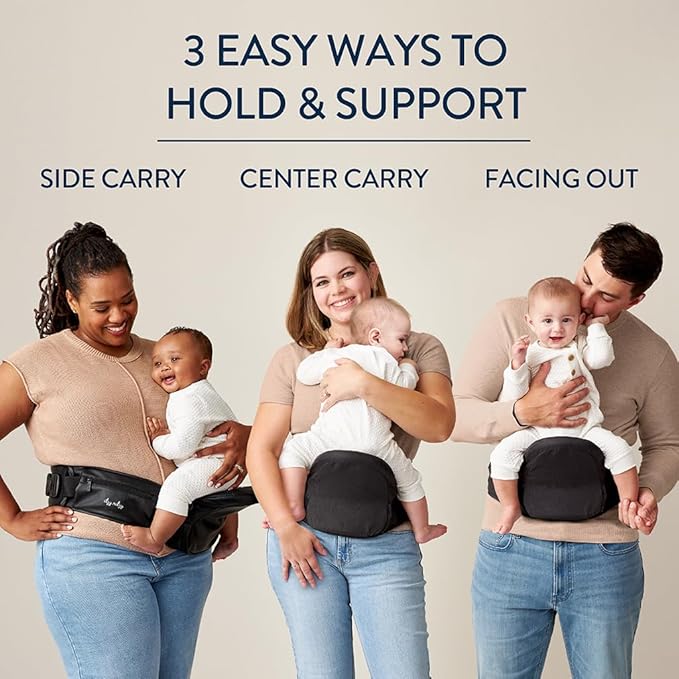 Itzy Ritzy Hip Seat Baby Carrier - 3 Ways to Hold & Support Babies and Toddlers Between 12-44 Pounds; Fits Up to 62" Waist (Black)