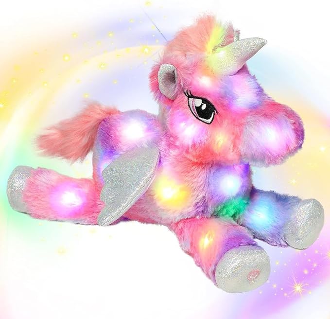Hopearl Colorful LED Plush Unicorn Light up Stuffed Animal Floppy Night Lights Glow in The Dark Birthday Festival for Kids Toddler Girls, Rainbow, 16''