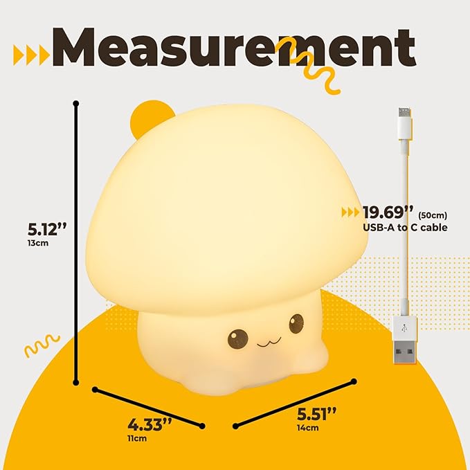 LED Squishy Animal Night Light - 2 Level Dimmable Nursery Lamp for Kids, Rechargeable Touch Lamp, Cute Dorm Decor - Perfect Baby Boys Girls Gift (Cartoon Mushroom)