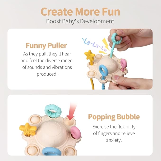 Montesorri-Toys - Montessori Pull String Toy - Made of 100% Food Grade Silicone with Built-in Rattle Function and Easy to Clean Design (Cream Color)