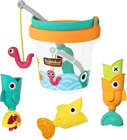 Yookidoo Fishing Set Bucket Bath Toys – Magnetic Fishing Rod, Wriggling Fish + 3 Floating Fish with 3 Unique Effects – Mold Free Catch ’N’ Sprinkle Bathtime & Pool Toy for Toddlers and Kids (Ages 2–6)