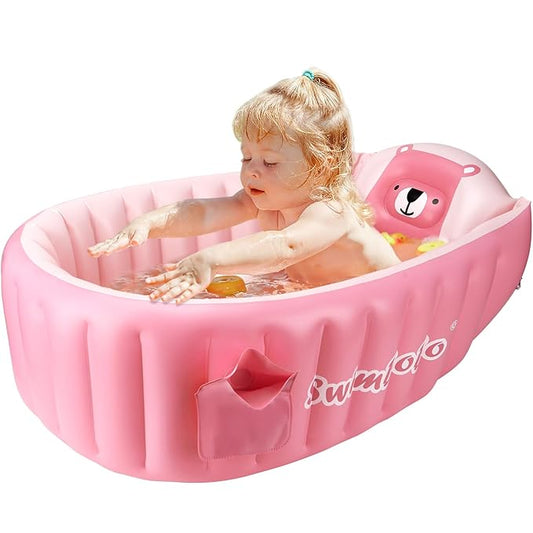 Inflatable Baby Bathtub Infant Anti-Slip Bath Seat Pool with Air Pump Travel Camping Portable Toddler Bath Tub Age 0-5 Years Old (Pink)