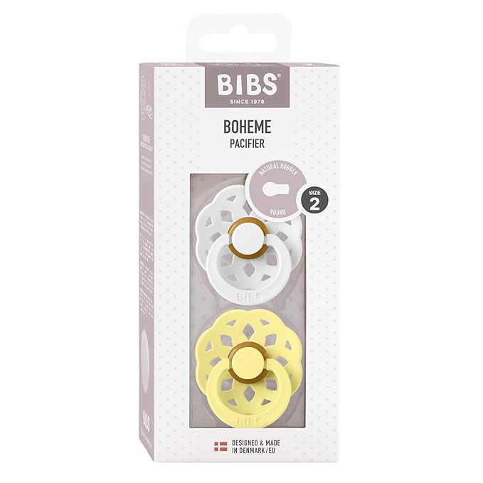 BIBS Boheme Pacifiers 2 Pack BPA Free Cherry Shape Nipple | White/Sunshine | Size 6-18 Months