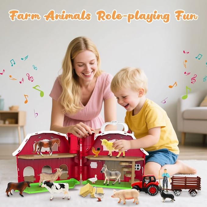Big Red Barn Toys for Toddlers 1-3, Farm Animal Figures Playset with Tractor for 2 3 4 5 Year Old Kids, Musical Preschool Montessori STEM Learning Toys, Christmas Birthday Easter Gift for Boys Girls