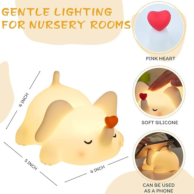 Elephant Night Light for Kids - Squishy Silicone Nursery Lamp, Cute Animal Night Light with 3-Level Dimmable & Rechargeable Battery for Baby Nursery, Bedroom