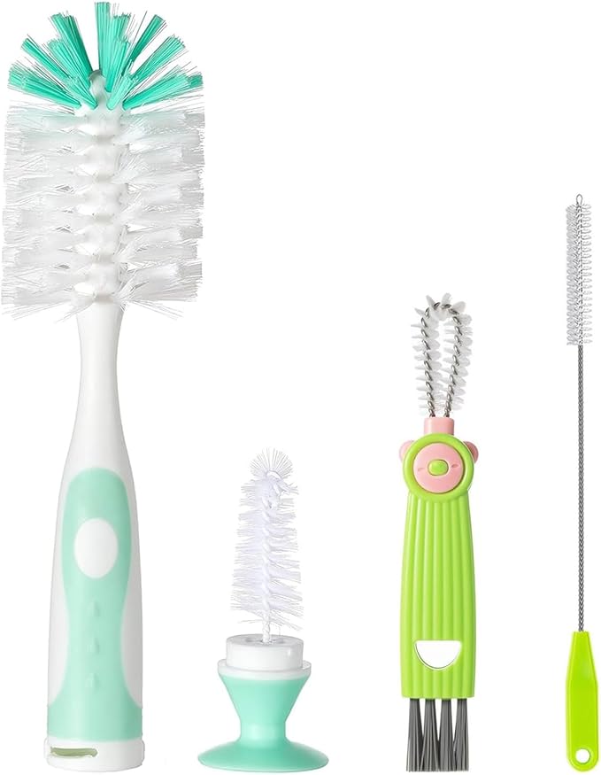 Baby Bottle Brush Set 4 in 1, Baby Bottle Cleaner, with 1P Nylon Bottle Brush, 1P Bottle Cap Brushes, 2P Straw Brushes, Bottle Brush with Nipple Cleaner and Suction Cup, BPA-Free(Green)