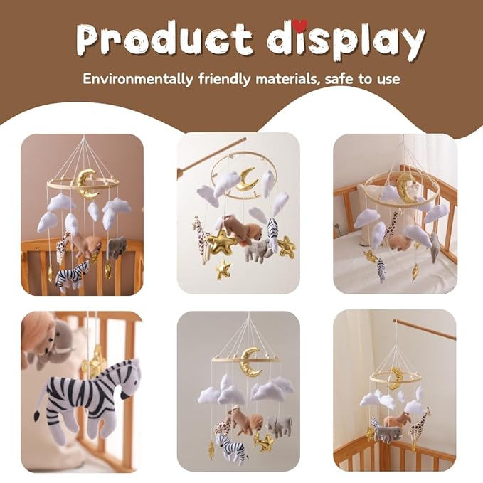 GOODMOM Nursery Mobile for Boys & Girls – Handmade Felt Animals Baby Crib Mobile with Bells – Savanna Theme Baby Nursery Decor – Creative Bassinet Mobile Gift for Newborns (Golden Dream)
