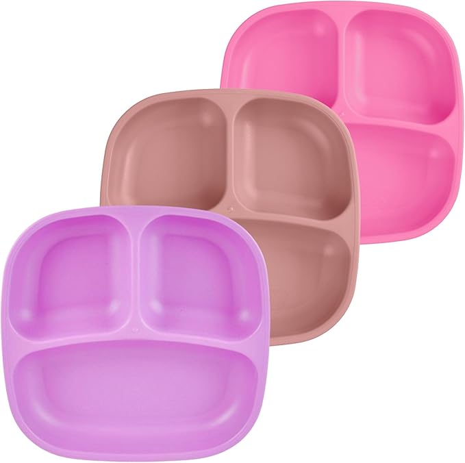 Re-Play Toddler Plates with Dividers - Deep-Walled 3 Compartments Divided Plates for Kids - Dishwasher & Microwave Safe - Made in USA - Set of 3-7.37" x 7.37" x 1.25" - Berry