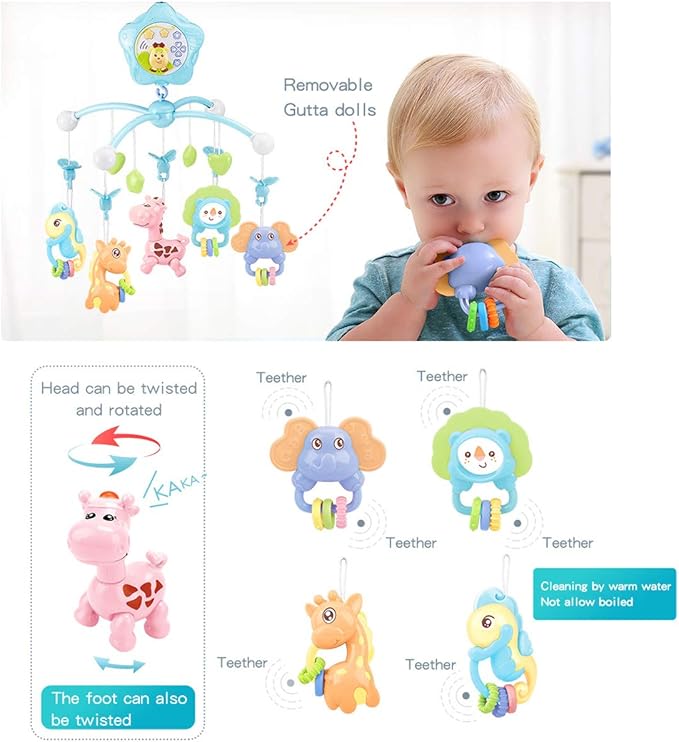 caterbee Baby Crib Mobile for Pack and Play, Crib Toys with Light and Musicial, Remote,Projector for Ages 0+ Months (Pink-Forest)