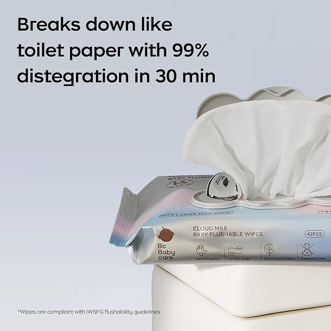 Bc Babycare Flushable Wipes, Hypoallergenic for Sensitive Skin, 99% Water, Plant-Based Fibers, Sewer + Septic Safe, Fragrance Free Toddler Potty Training, 42 Wipes, 3 Packs