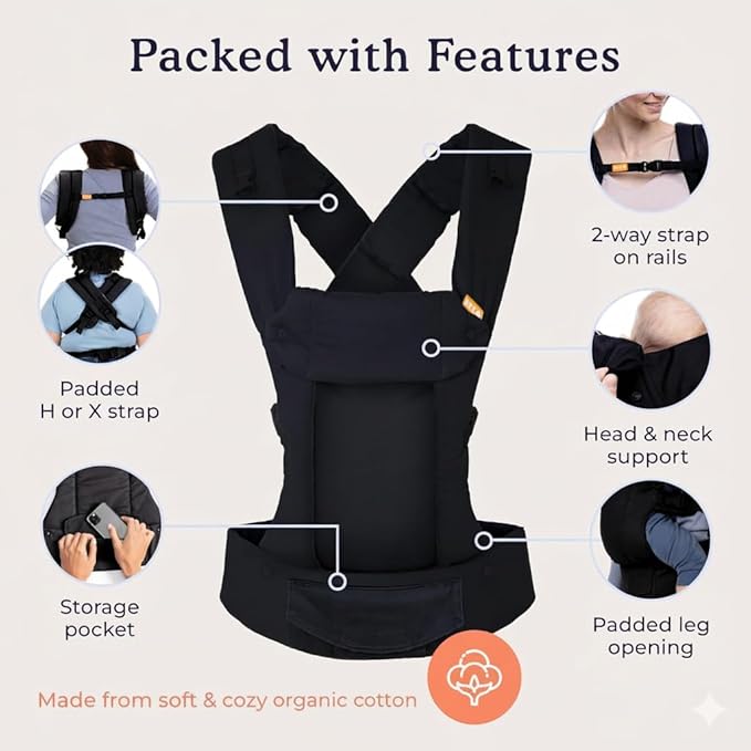 Beco Gemini Baby Carrier from Newborn to Toddler - Certified Ergonomic Newborn Baby Carrier for Infants and Children of 7-35 lbs - M Shape, Adjustable Seat, 100% Organic Cotton (Metro Black)