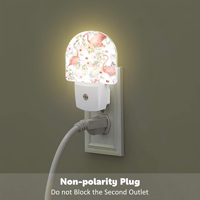 Pink Flamingos Flowers Night Light for Kids,Watercolor Tropical Floral Flamingo Night Light Plug in with Dusk to Dawn Sensor,0.5w Energy Saving Nightlight for Hallway Stairway Kitchen Bedroom