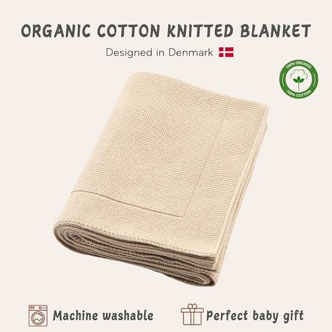 Knitted Organic Cotton Baby Blanket- Swaddle Blanket, 30" x 40" Soft Receiving Blanket for Newborn (Fog)