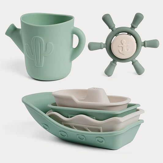 Haakaa Nautical Silicone Baby Bath Toys Set, Food Grade Silicone Bathtub Toys for Toddlers, Mold-Free Stacking Boats & Spinner Toy & Pouring Cup, BPA Free Floating Tub Toys for Baby 6M+