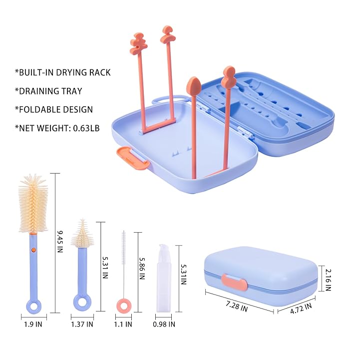 7in1 Travel Bottle Cleaner kit with Baby Bottle Brush and Bottle Drying Rack,Swift Cleaning, Easy Portability(Blue)