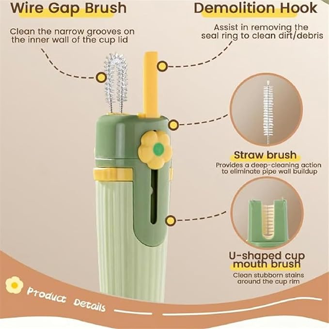 5 in 1 Bottle Cleaning Brush Set, 5‑in‑1 Multifunctional Bottle Cleaning Brush Set, Straw Cleaner Brush for Baby Bottles, Multifunctional Detachable Water Bottle Brush (1PCS Green)